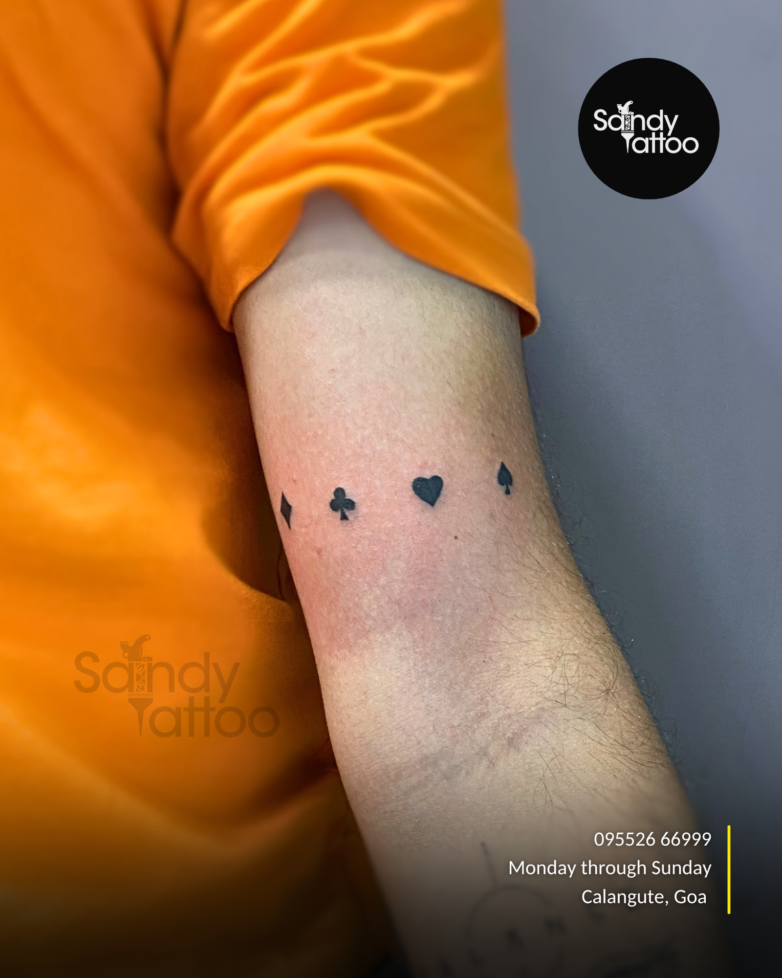 Custom ornamental forearm tattoo created by Sandy Tattoo Studio in Calangute, Goa.