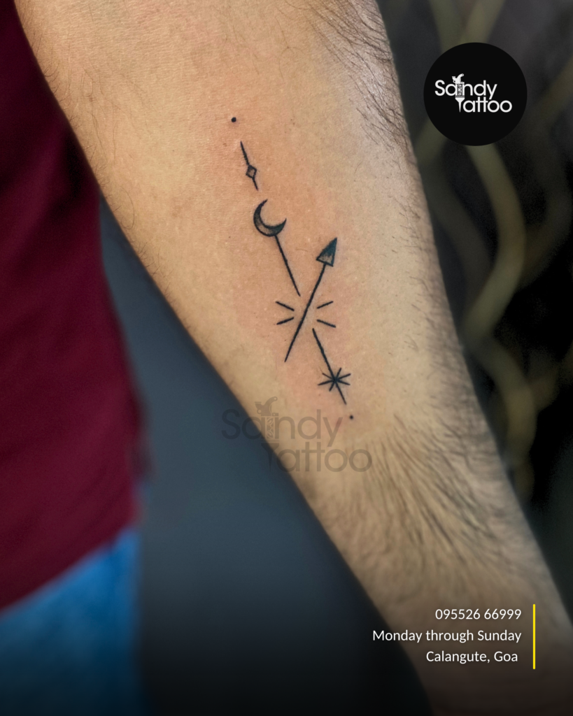 Custom ornamental forearm tattoo created by Sandy Tattoo Studio in Calangute, Goa.