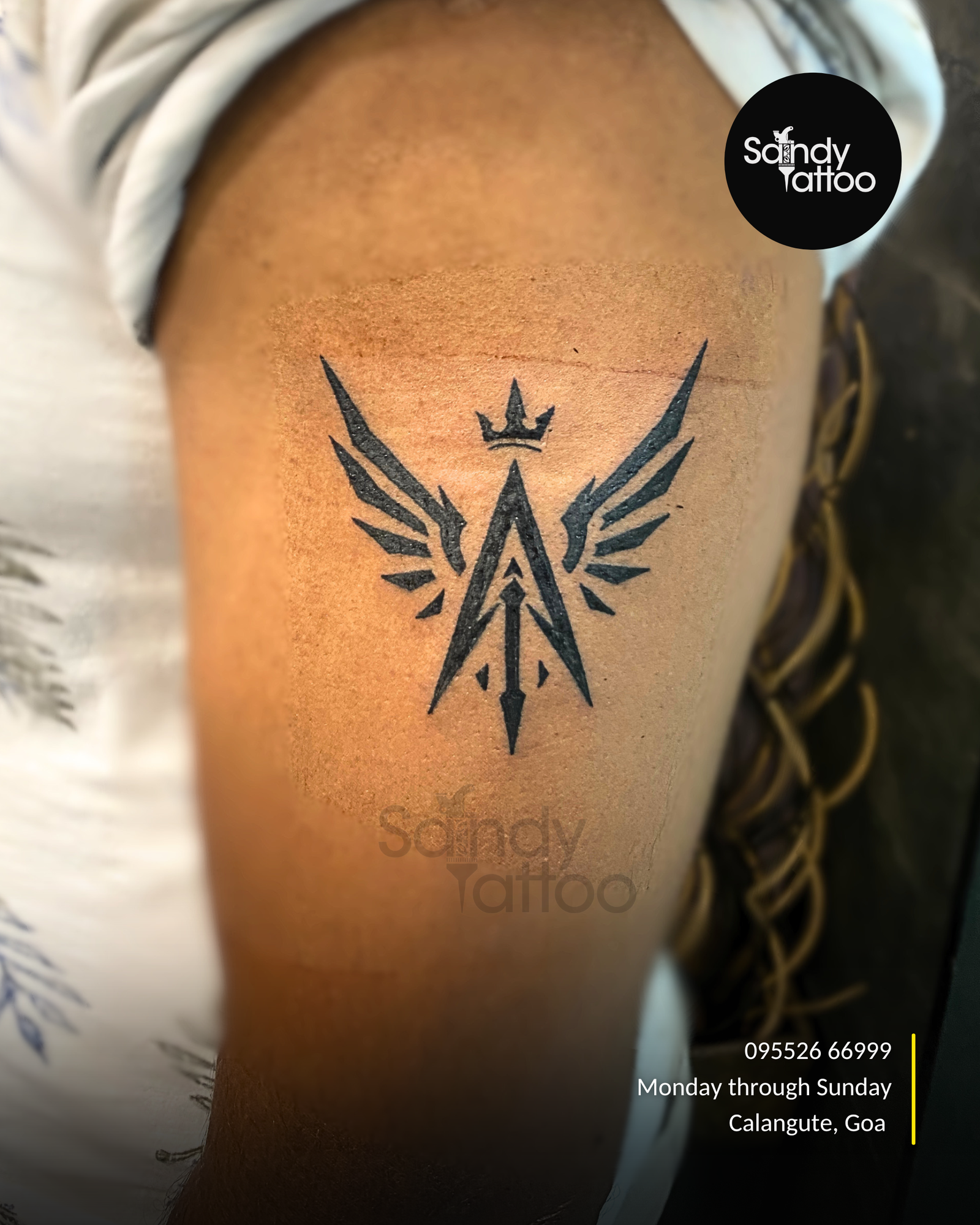 Custom ornamental forearm tattoo created by Sandy Tattoo Studio in Calangute, Goa.