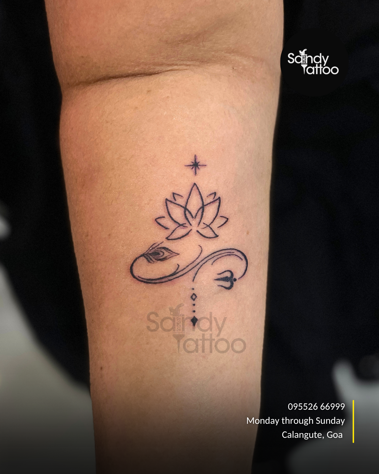 Custom ornamental forearm tattoo created by Sandy Tattoo Studio in Calangute, Goa.